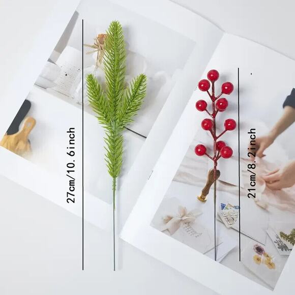 10pcs Christmas Pine Needle w/Red Berries Stem Picks DIY Winter Wreath Crafts - Picture 2 of 7